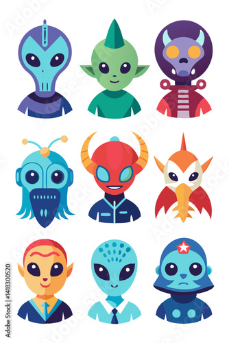 Cartoon alien character vector illustration in nine different designs