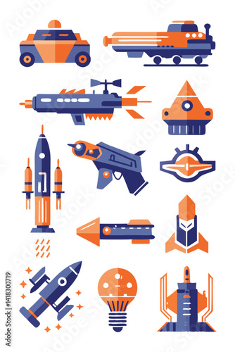 Retro Futuristic Space Icons in Orange and Blue