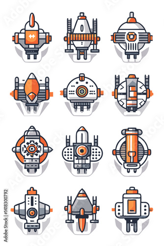 Twelve Cartoon Spaceship Stickers with White Background Vector