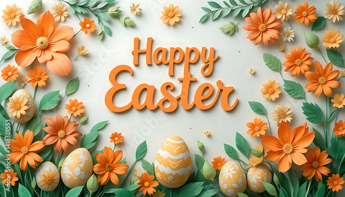Happy Easter with orange Floral Decorations and Eggs. whtie Happy Easter text. Easter greetings. idea for Easter cards, social media, greeting card, poster, brochure flyer. orange background