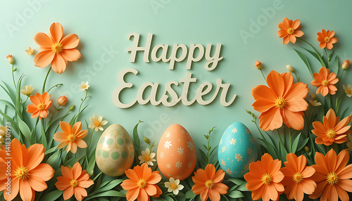 Happy Easter with orange Floral Decorations and Eggs. whtie Happy Easter text. Easter greetings. idea for Easter cards, social media, greeting card, poster, brochure flyer. green background