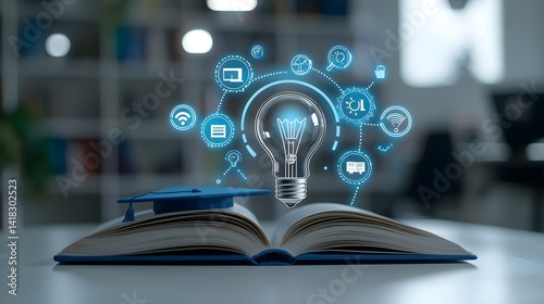 An open book with a radiant lightbulb wearing a graduation cap surrounded by icons representing digital learning achievements and academic success