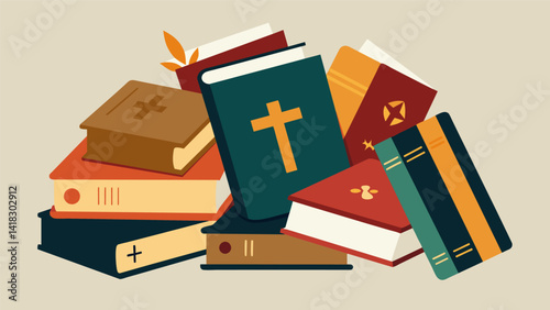 A selection of different Bibles some wellloved and worn with time others brand new and ready to be filled with handwritten scriptures.. Vector illustration