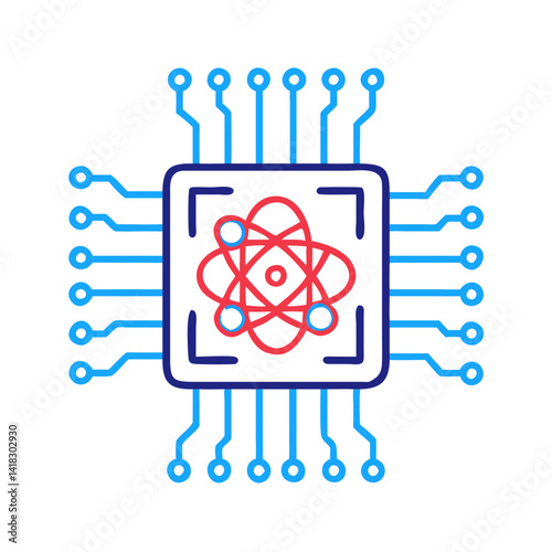 Quantum computing processor, chip with atom graphic illustration