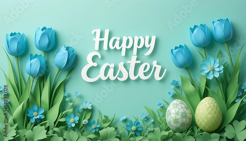Happy Easter with blue Floral Decorations and Eggs. whtie Happy Easter text. Easter greetings. idea for Easter cards, social media, greeting card, poster, brochure flyer. blue background