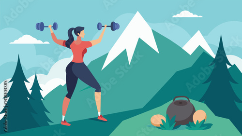 A woman virtually hikes through a mountainous landscape stopping periodically to perform virtual kettlebell es and overhead presses with her VR. Vector illustration