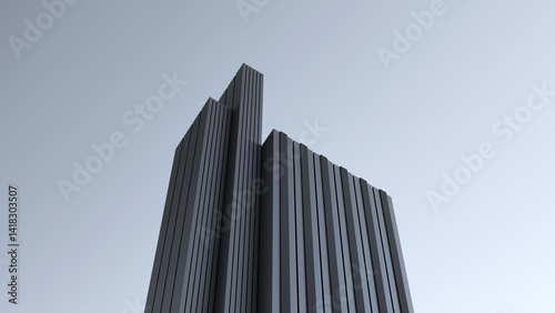 Black futuristic building, minimalism high-rise on sky horizon at dusk. Sci-fi house architectural design. Architectural design of modern building. Industrial building design,wallpaper.3D render