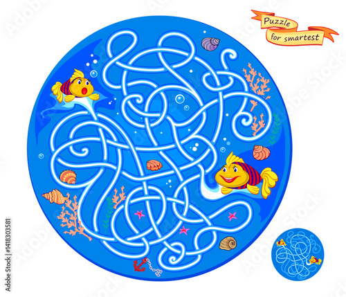 Best labyrinths. Can you help the little fish find the way to its mother? Logic puzzle game. Brain teaser book with maze. Educational page. Kids activity sheet. Flat vector illustration.