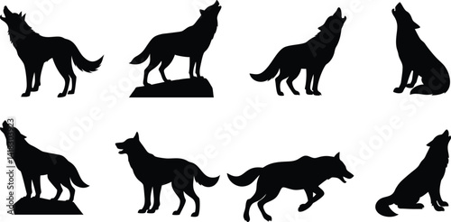 Set of Howling Wolf Silhouettes – Black Animal Vector Icons on White Background