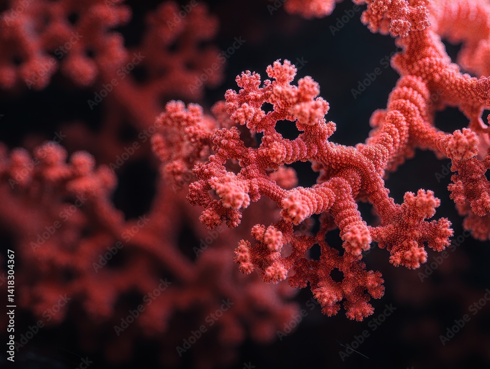 Fototapeta premium A close-up of vibrant red coral. The intricate patterns and textures showcase nature's beauty in the depths of the ocean, against a dark background.