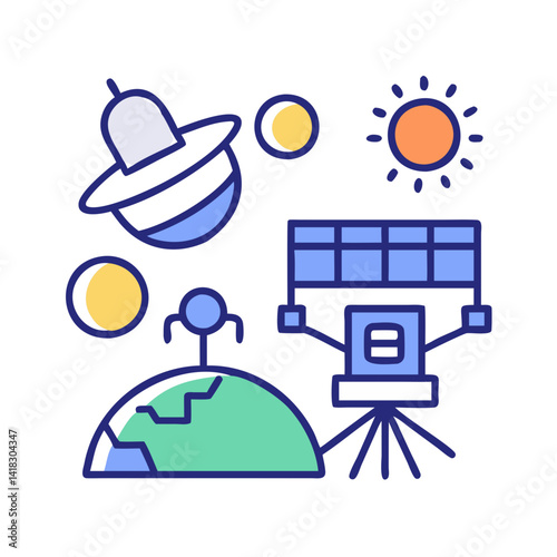 Colorful space exploration cartoon vector illustration, outer space theme