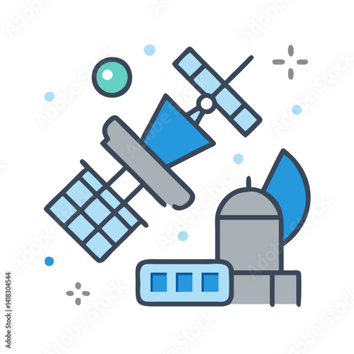 Space station, satellite, and spaceship in outer space
