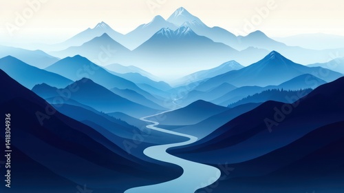 Blue mountain range with river, scenic landscape illustration, serene atmosphere.