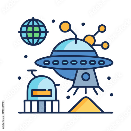 Colorful Space Exploration: Alien Planet, UFO, and Station