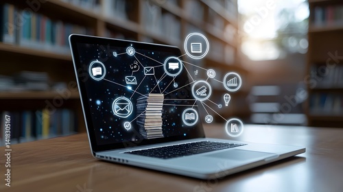 A laptop surrounded by glowing educational symbols and hovering books set against the backdrop of a rich wooden library interior