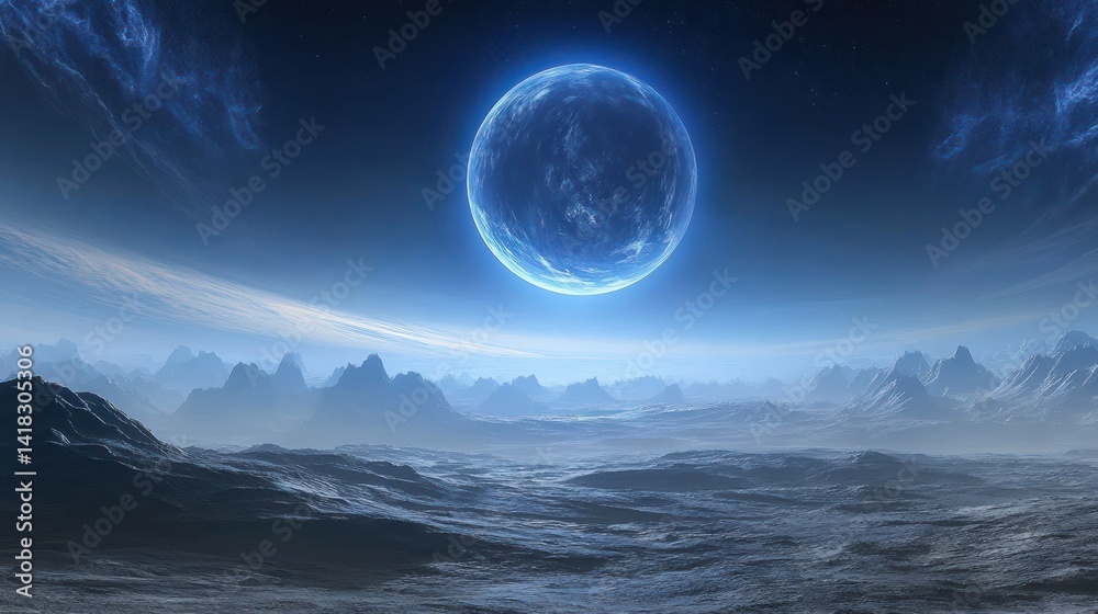 Serene fantasy landscape featuring a glowing blue planet above rugged terrain. Serene fantasy landscape featuring a glowing blue planet above rugged terrain.