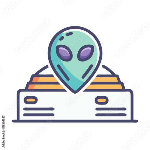 Alien landing on a pyramid cartoon illustration graphic