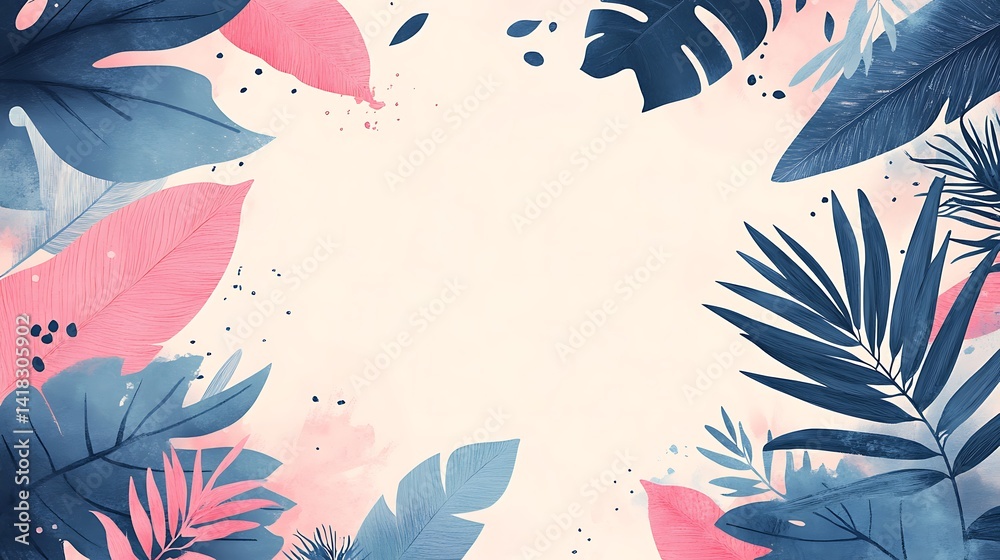 Fototapeta premium Tropical Leaves Border on Pink Background, Tropical leaves in shades of blue and pink create a vibrant border on a soft pink background