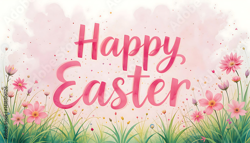 Watercolor pink Happy Easter text and spring flowers. for Easter cards, social media, greeting card, poster, brochure flyer. Pink Happy Easter lettering. Easter greetings.