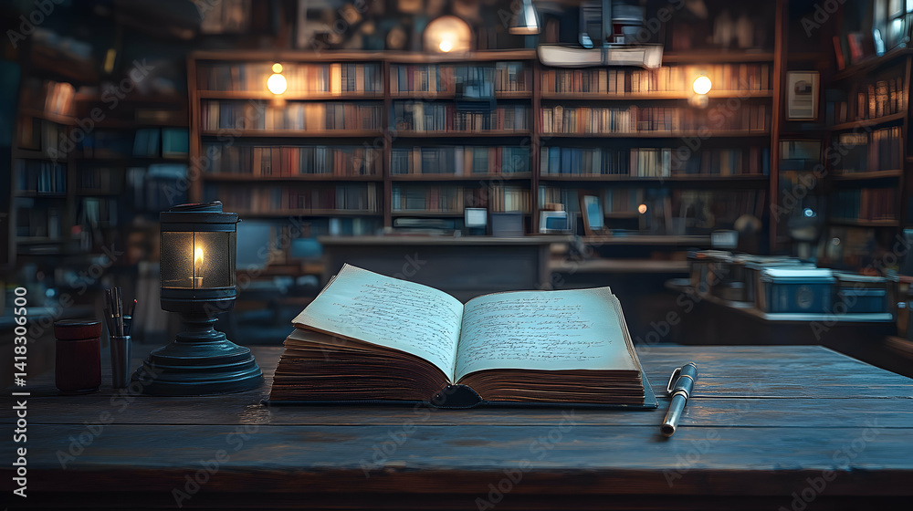 Fototapeta premium Open antique book rests on a wooden table in a dimly lit library, illuminated by a kerosene lamp; a pen lies beside it, evoking a sense of mystery and old-world charm.