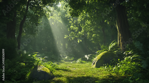 Sunlight filters through lush foliage, casting a serene glow in a tranquil forest clearing filled with vibrant greenery and soft moss