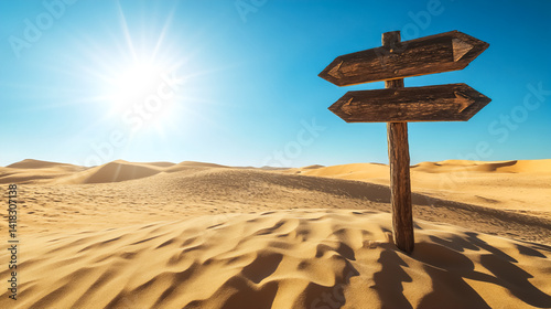 Exploring the vast desert landscape under a bright sun with a wooden signpost guiding travelers at a crossroad