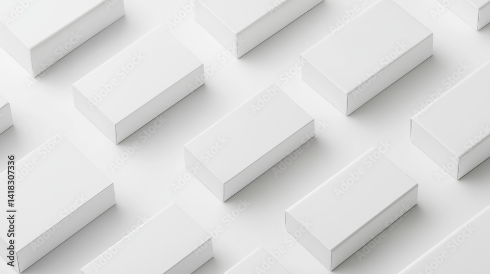 White rectangular boxes arranged on a light surface in a minimalistic setting White rectangular boxes arranged on a light surface in a minimalistic setting