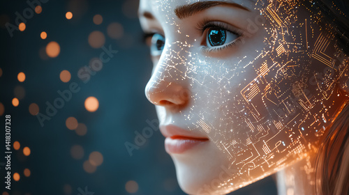 Futuristic portrait of a young woman with glowing circuit patterns on her face, symbolizing technology and human connection in a digital age