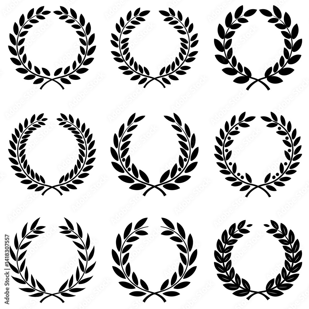 Laurel wreath icons. Black laurel wreath icons isolated on white background.