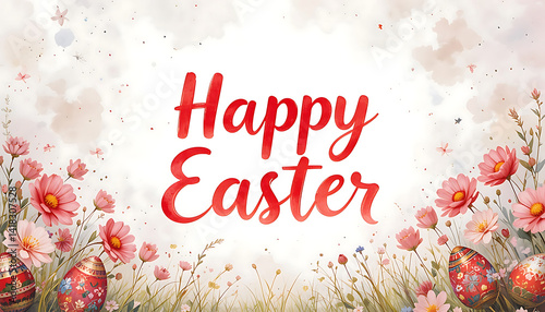 Colorful Watercolor Happy Easter Bunny and Eggs. for Easter cards, social media, greeting card, poster, brochure flyer. Easter greetings. red Happy Easter text, colorful background