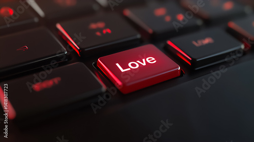 Heartfelt connection displayed on a keyboard featuring a vibrant love key glowing in red, set against a sleek black backdrop