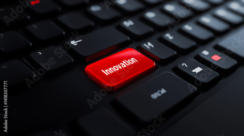 Bright red innovation key stands out on a black keyboard symbolizing creativity and technology at the forefront of progress