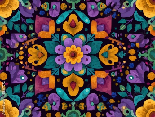 Vibrant floral art with symmetrical design. A joyful fusion of organic motifs and color. Seamless floral composition. A burst of nature's elegance