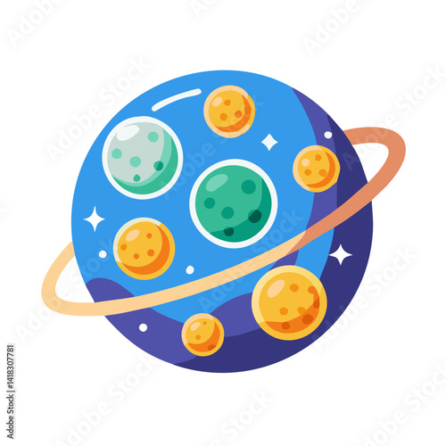 Cartoon planet with moons and ring system in space
