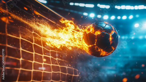 Fierce soccer ball ignites as it soars towards the goal during an intense match under stadium lights