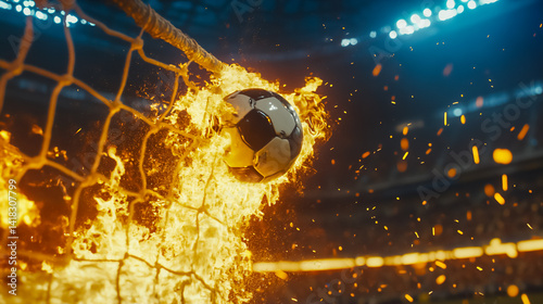 Epic soccer goal ignites the net in a dazzling display of fire and passion during a championship match at a vibrant stadium