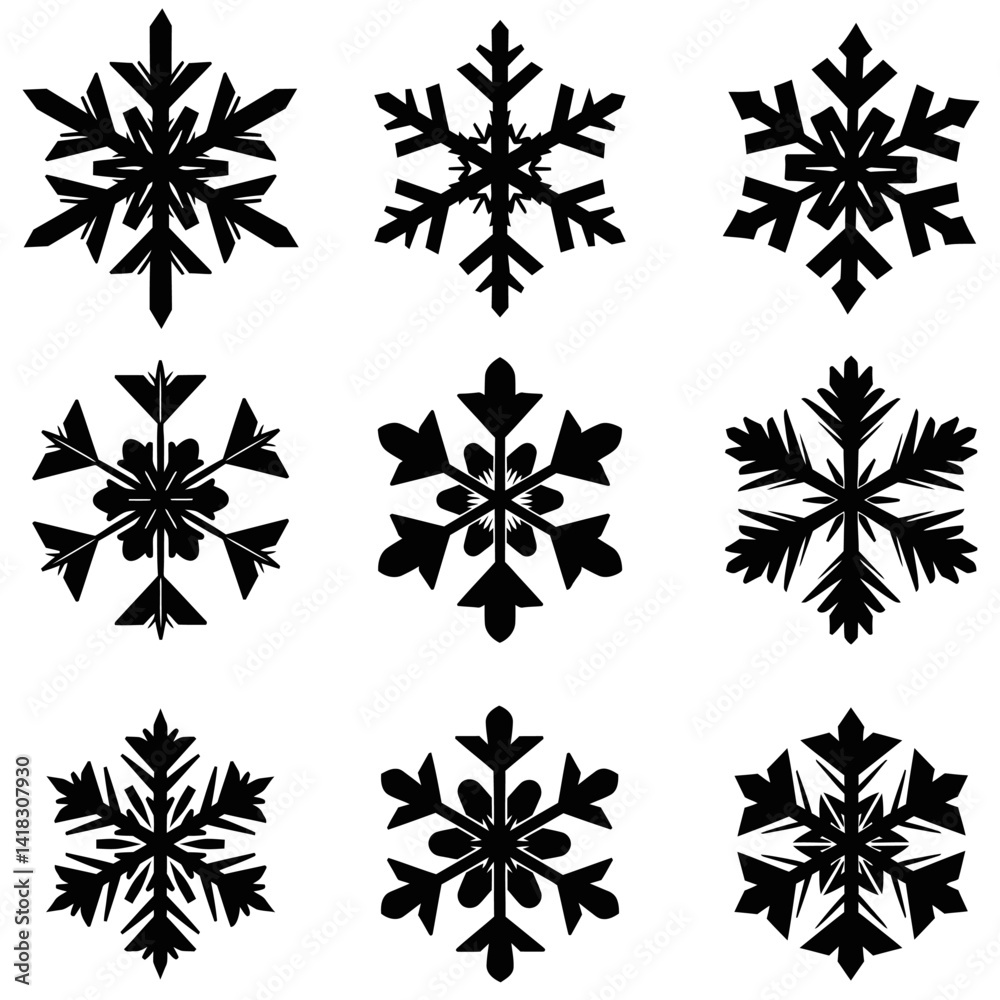 Snowflake icon. Black snowflake icons isolated on white background.