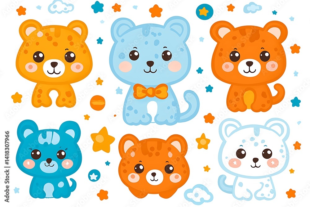 Fototapeta premium Cute cartoon leopard cubs in vibrant colors.