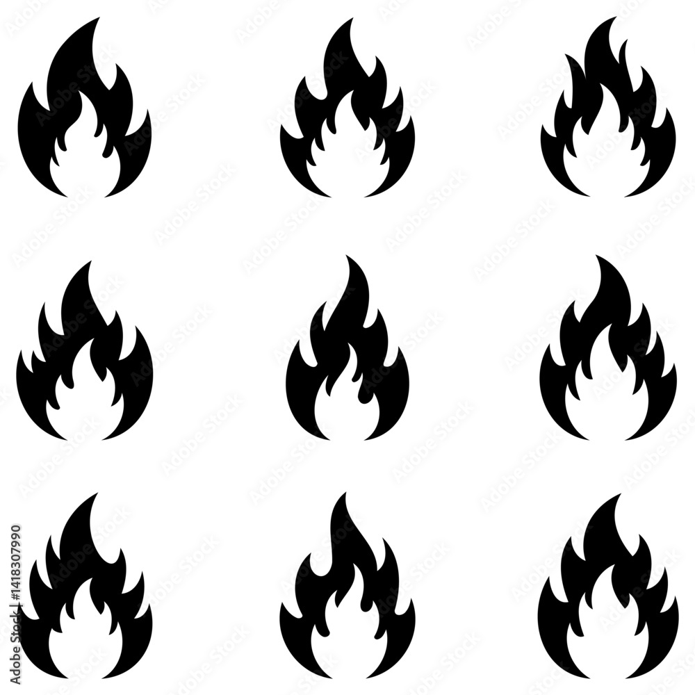 Flame icon. Black flame icons isolated on white background.