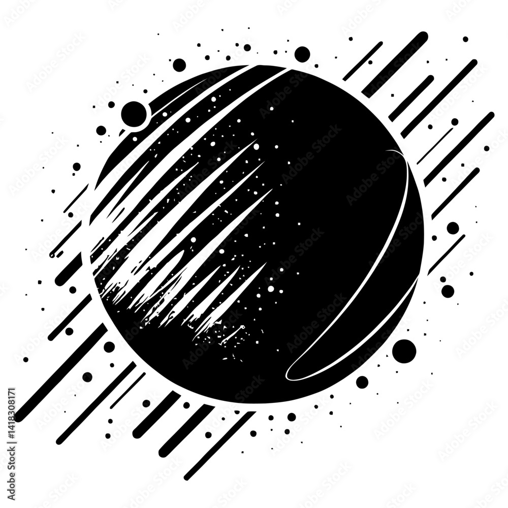 Abstract planet icon. Black stylized illustration of a round planet with textured stripes