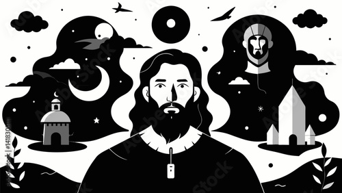 A series of monochromatic ink drawings depicting scenes from the artists dreams and subconscious weaving together a visual narrative of their personal. Vector illustration