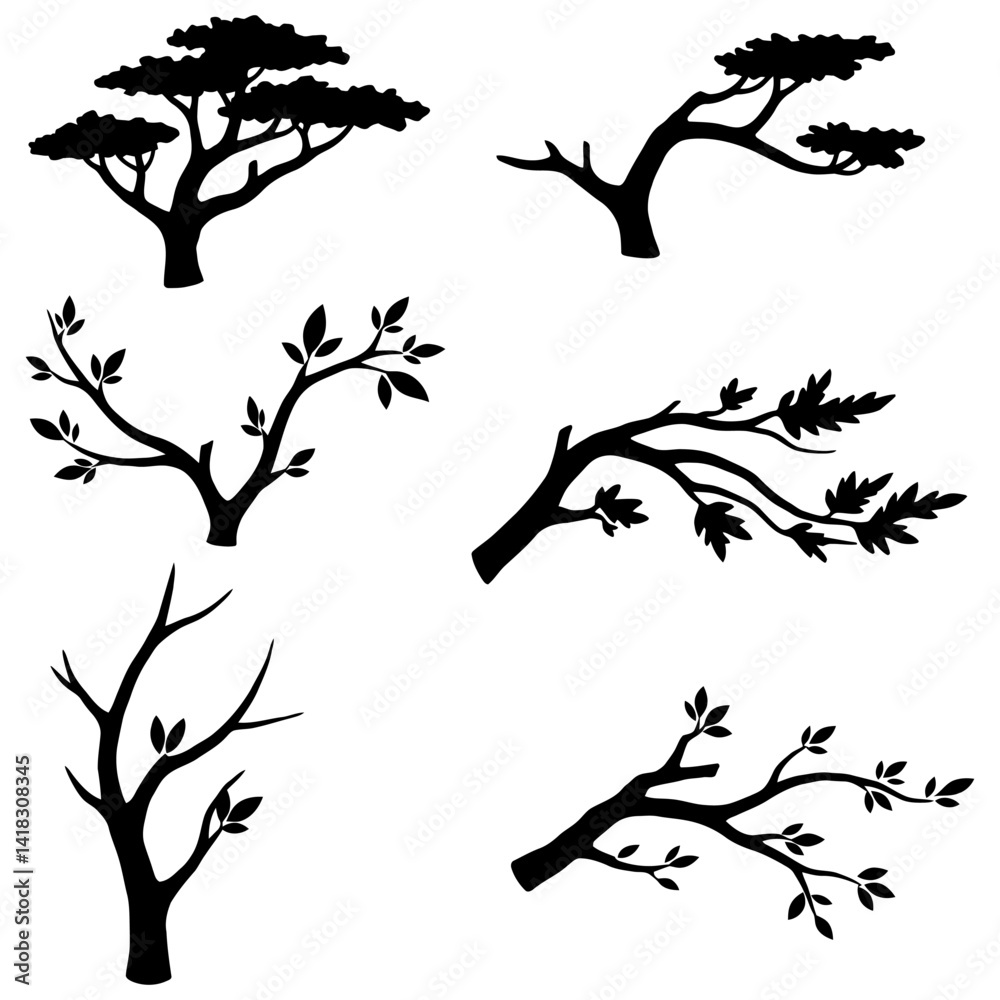 Set of black plant silhouettes, isolated on a white background.
