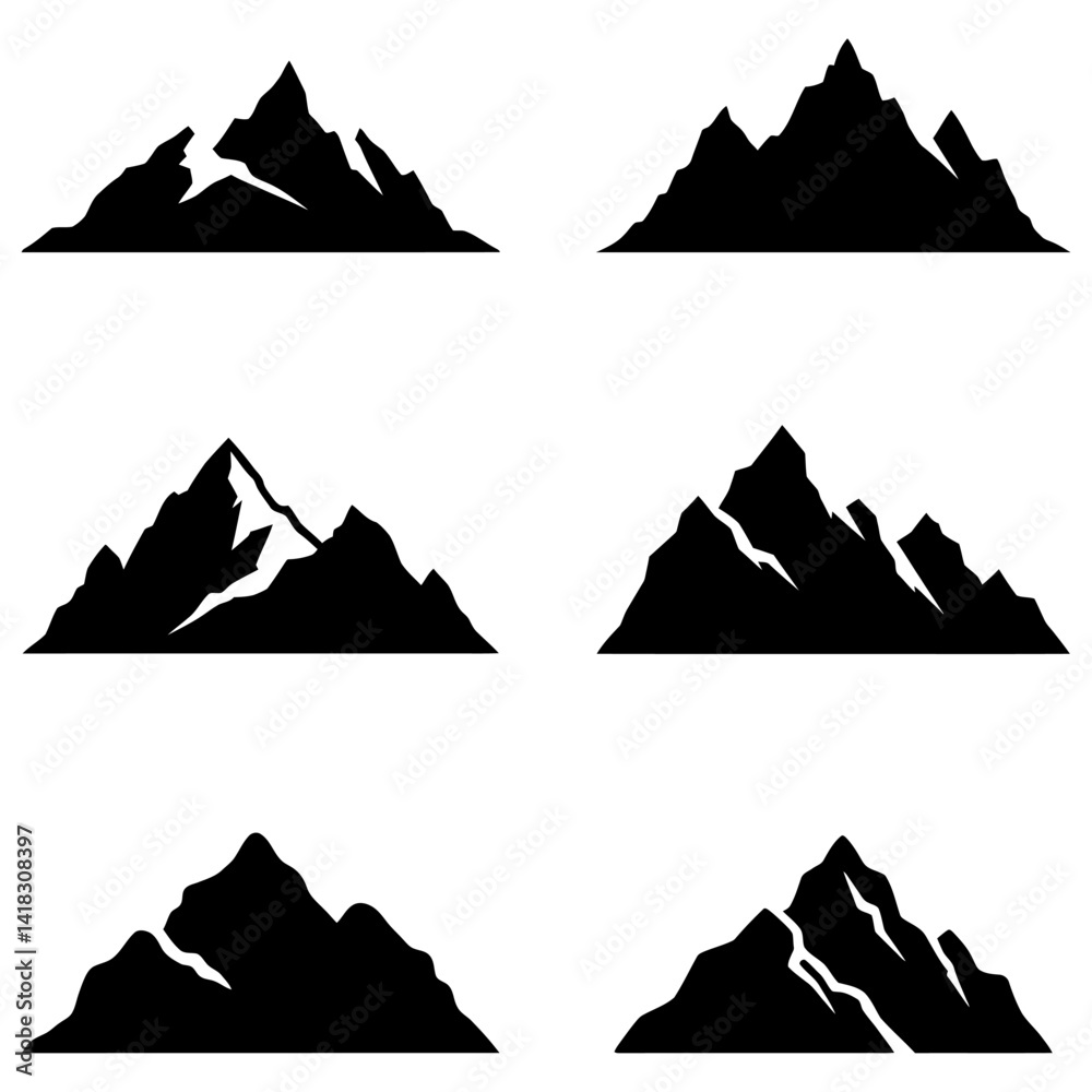 A set of six black mountain silhouettes, isolated on a white background.