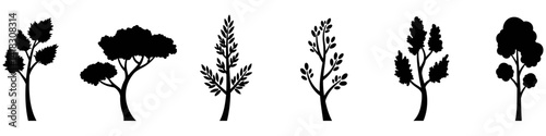 Set of black plant silhouettes, isolated on a white background.