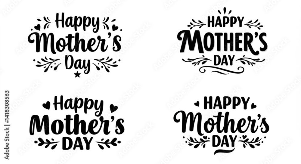 Fototapeta premium Modern calligraphy happy mother’s day text set with heart accents