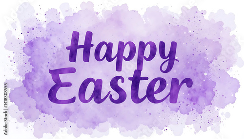 Watercolor purple Happy Easter text on purple background. for Easter cards, social media, greeting card, poster, brochure flyer. purple Happy Easter lettering. Easter greetings.