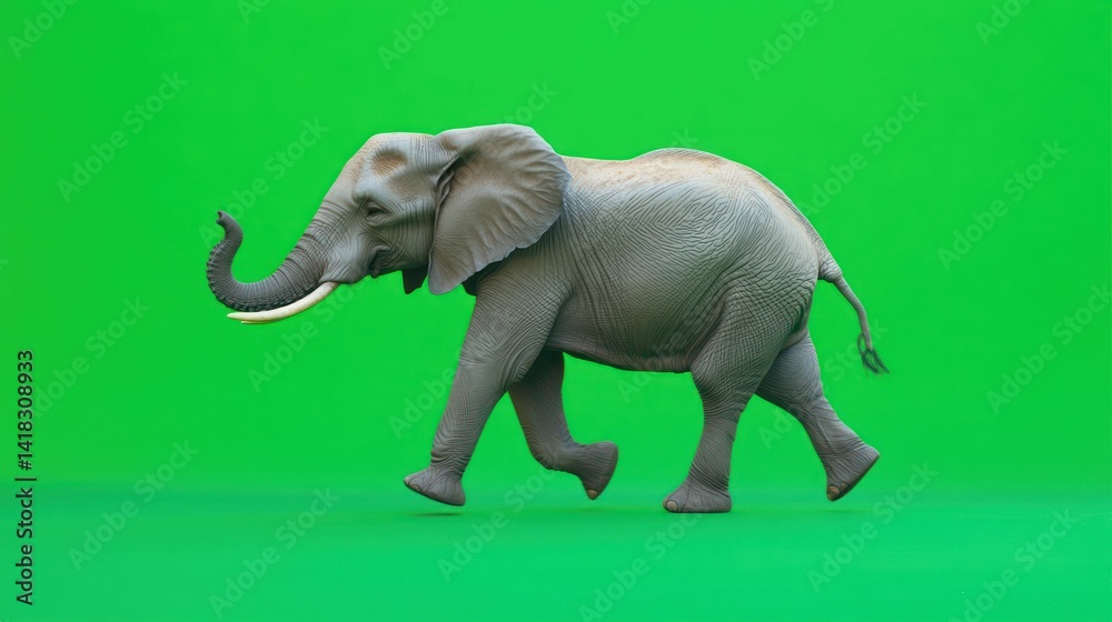 Fototapeta premium A large, gray elephant walks across a green screen in a studio shot.