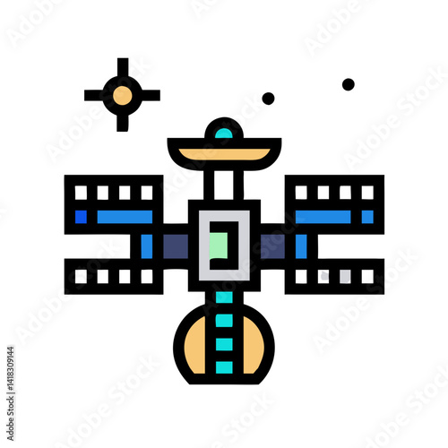 Minimalistic Satellite Icon on Black Background with Planet