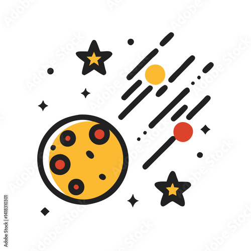 Cartoon Space Landscape With Planet, Stars, and Meteors