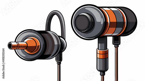 Earphones headset. In-ear headphones. Vacuum wired black headphones for listening to music and sound on portable devices: music player, smartphone, laptop on a white background. Ear